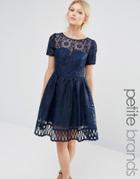 Chi Chi London Petite Premium Lace Dress Cutwork Detail And Cap Sleeve - Navy