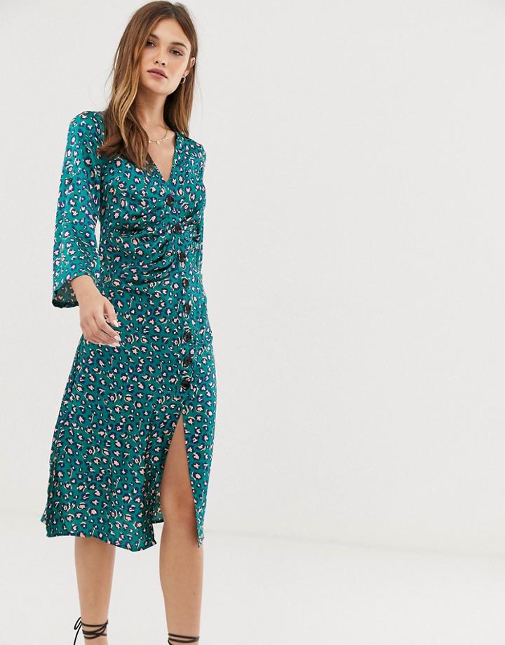 Liquorish Button Through Midi Dress In Leopard - Green