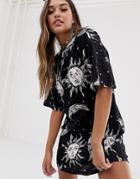 Motel T-shirt Dress In Sun And Moon Print - Black
