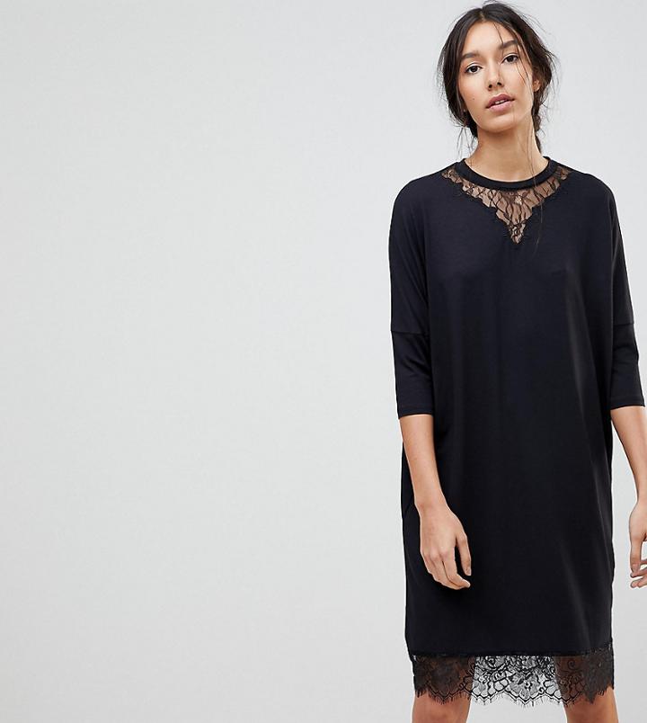 Asos Tall Oversize T-shirt Dress With Batwing Sleeve And Lace Inserts - Black