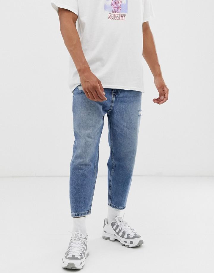 Bershka Loose Jeans In Mid Blue