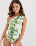 Asos Design Gathered One Swimsuit In Textured Palm Print - Multi