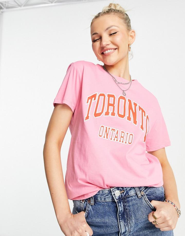 Pull & Bear Toronto Slogan T-shirt In Pink