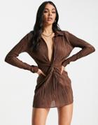 Missyempire Exclusive Plisse Wrap Front Long Sleeve Mini Dress In Chocolate-brown