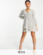 Ever New Petite Sequin Wrap Front Frill Hem Mini Dress In Silver