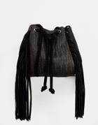 Asos Woven Fringed Leather Duffle Bag - Black
