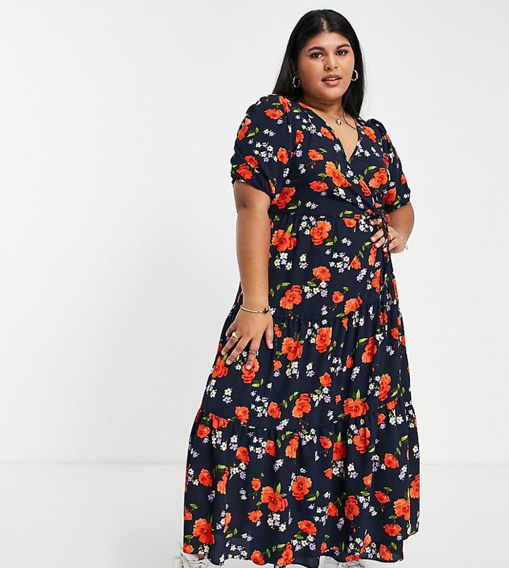 Asos Design Curve Wrap Front Tiered Smock Midi Dress In Navy Floral Print-multi