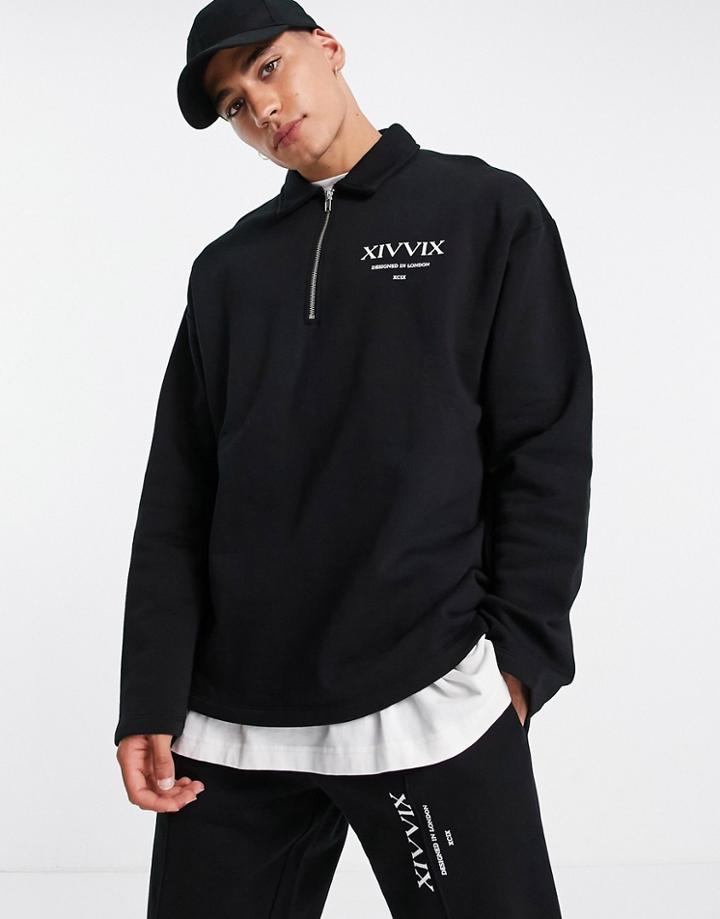Asos Design Oversized Half Zip Sweatshirt In Black With Text Print - Part Of A Set