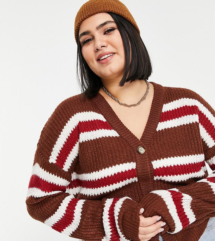 Brave Soul Plus Elenor Boxy Striped Cardigan-red