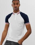 Asos Design Organic Raglan Polo Shirt With Contrast Sleeves And Tipping In White