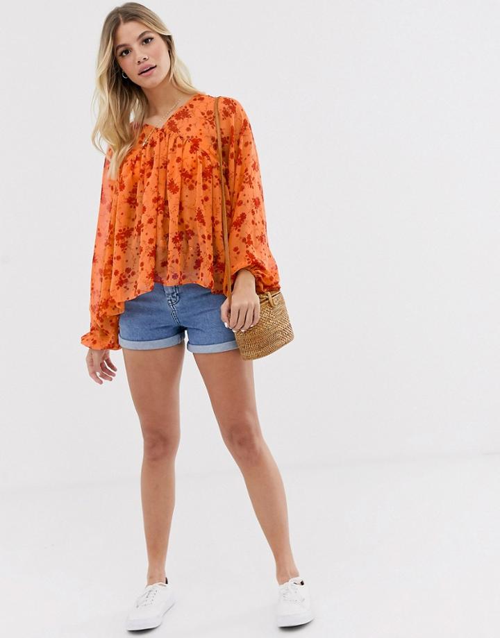 Asos Design V Neck Smock Top In Floral Print-multi