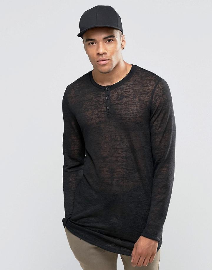 Asos Linen Look Longline Long Sleeve T-shirt With Grandad Neck - Black