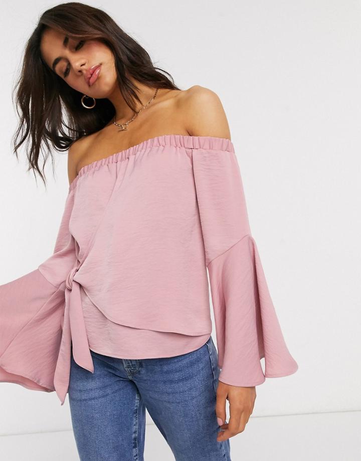 Asos Design Off Shoulder Drape Wrap Top In Satin In Dusty Pink-no Color