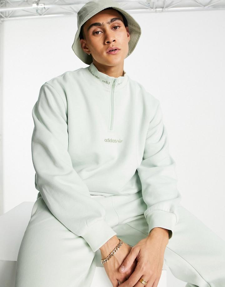 Adidas Originals Trefoil Linear Half Zip Sweatshirt In Beige With Arm Patch-green