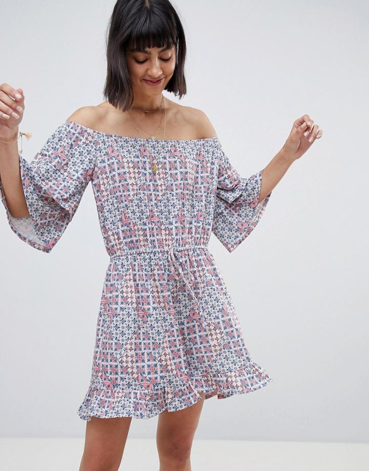 Asos Design Off Shoulder Jersey Romper With Frill Hem In Tile Print-multi