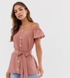 River Island Button Through Blouse With Capped Sleeves In Rose Pink - Pink