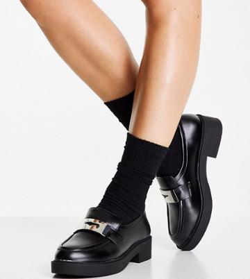 Asos Design Wide Fit Macrone Trim Loafer Flat Shoes In Black