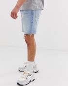 Bershka Slim Fit Denim Shorts With Raw Hem In Light Blue
