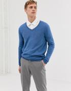 Asos Design Cotton V-neck Sweater In Denim Blue - Blue