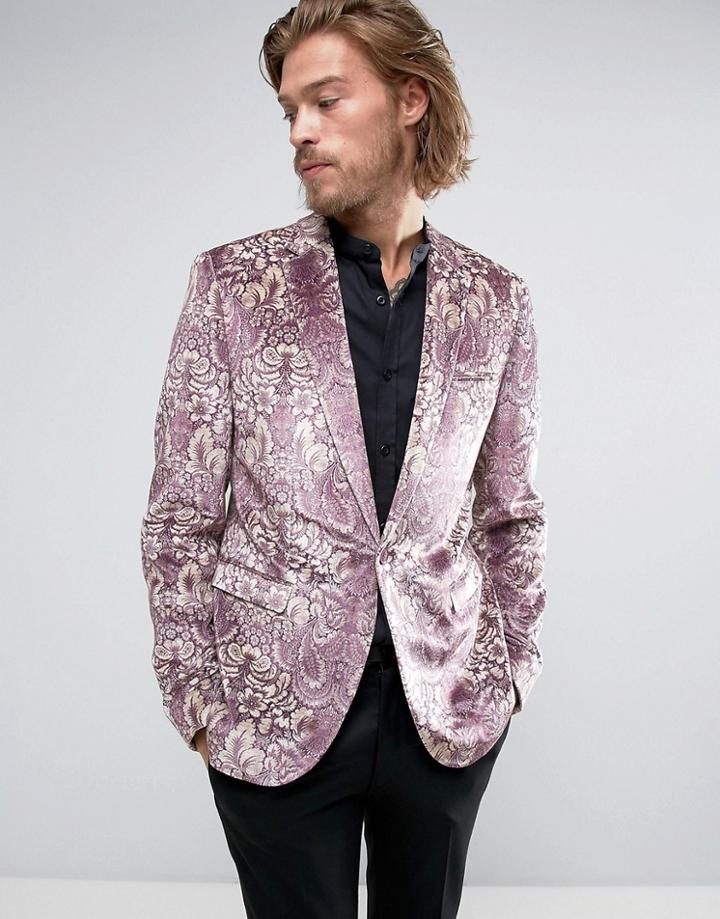 Asos Skinny Blazer In Purple Printed Velvet - Purple