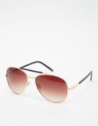 Asos Aviators In Brushed Gold With Metal Brow Bar - Gold