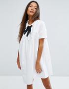 Asos Smock Dress With Eyelet Detail And Grosgrain Tie - White