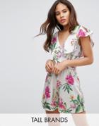 Oh My Love Tall Wrap Frill Romper In Floral Print - White
