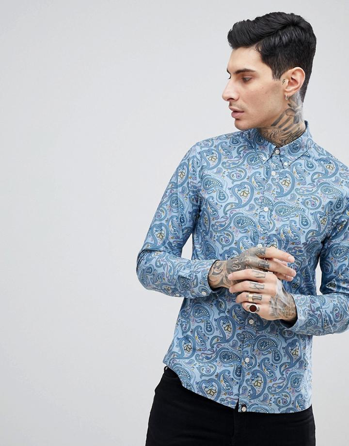 Pretty Green Slim Fit Portside Paisley Shirt In Blue - Blue