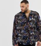 Asos Design Plus Regular Fit Paisley Overhead Shirt With Lace Up Front In Navy - Navy
