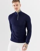 Asos Design Knitted Cable Half Zip Sweater In Navy - Navy