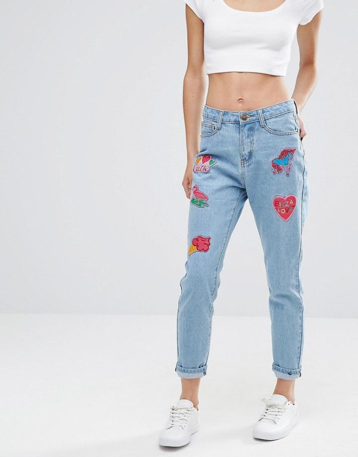 Liquor And Poker Badge Boyfriend Jeans - Blue