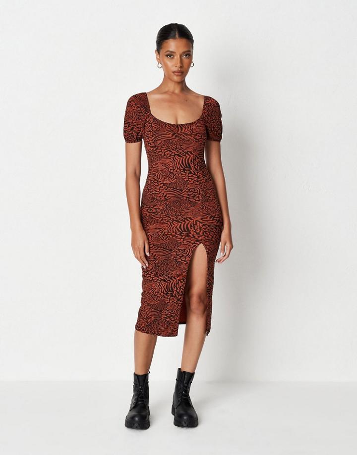 Missguided Milkmaid Midaxi Dress With Split In Brown Animal Print