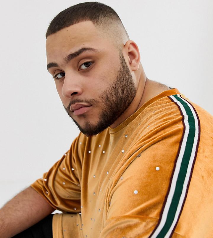 Asos Design Plus Oversized Longline T-shirt With Half Sleeve In Velour With Embellished Gems And Taping-gold