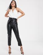 Parallel Lines Paperbag Waist Faux Leather Pants With Zip Detail-black