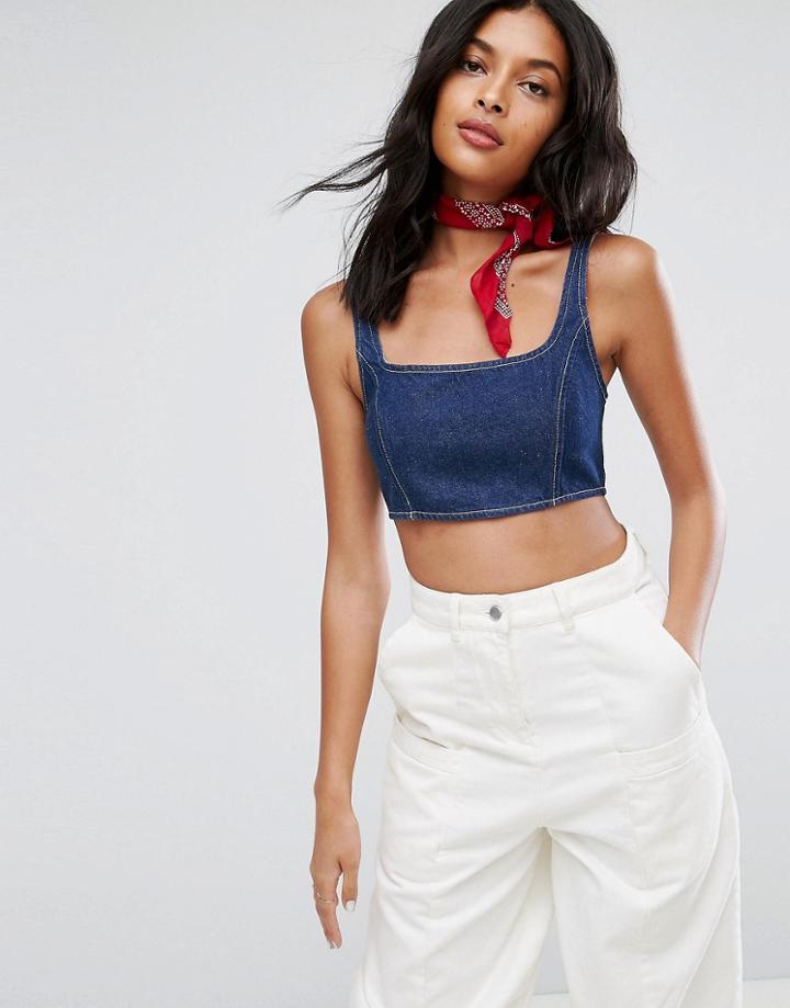 Asos Denim Cropped Top In Indigo With Contrast Stitch - Blue