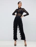 Rare London Fringe Jumpsuit With Lace Top In Black