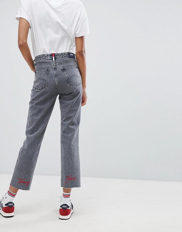 Tommy Jeans High Rise Straight Leg Jeans With Embroidered Logo - Gray