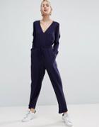 Asos Jumpsuit In Twill With Cold Shoulder And Waist Detail - Navy