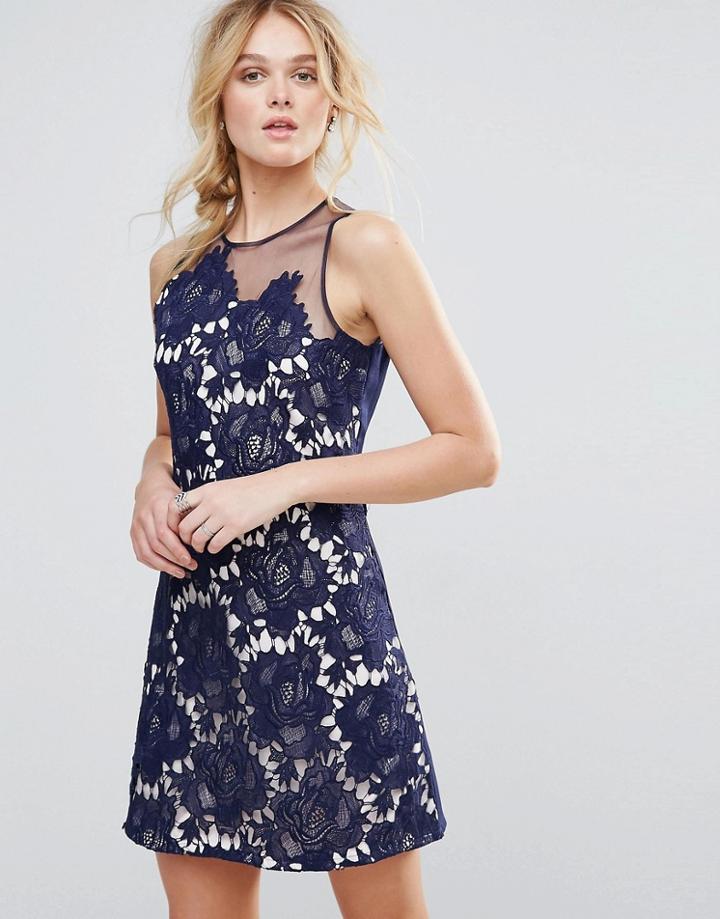 Little Mistress Crochet Sheer Shift Dress - Navy