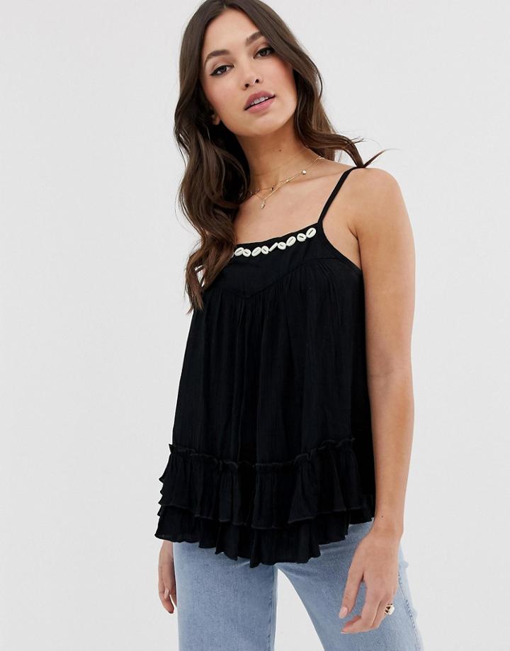 Asos Design Ruffle Swing Cami With Faux Shell Detail-black