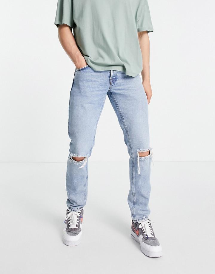 Asos Design Organic Cotton Blend Slim Jeans In 90s Stone Wash With Knee Rips-blues