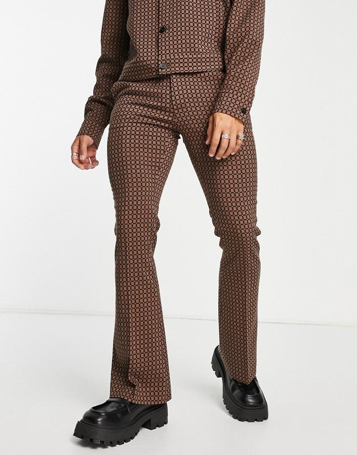 Asos Design Smart Flare Pants In Brown Geo Check - Part Of A Set