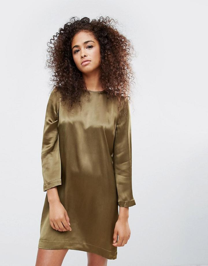 Ganni Sanders Satin Floral Shift Dress - Green