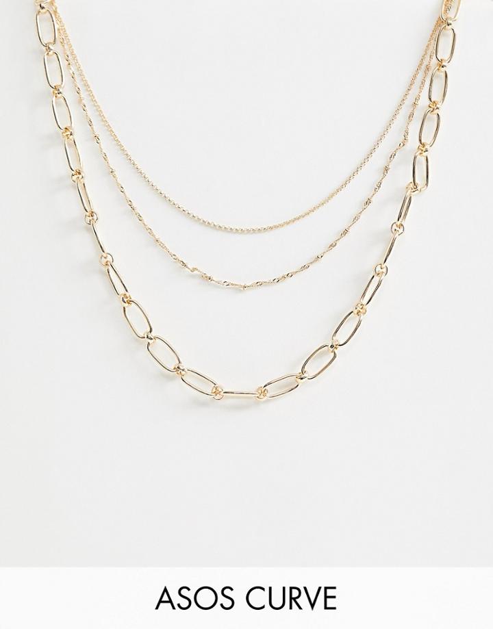 Asos Design Curve Multirow Necklace With Open Link And Dot Dash Chain In Gold - Gold