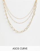 Asos Design Curve Multirow Necklace With Open Link And Dot Dash Chain In Gold - Gold