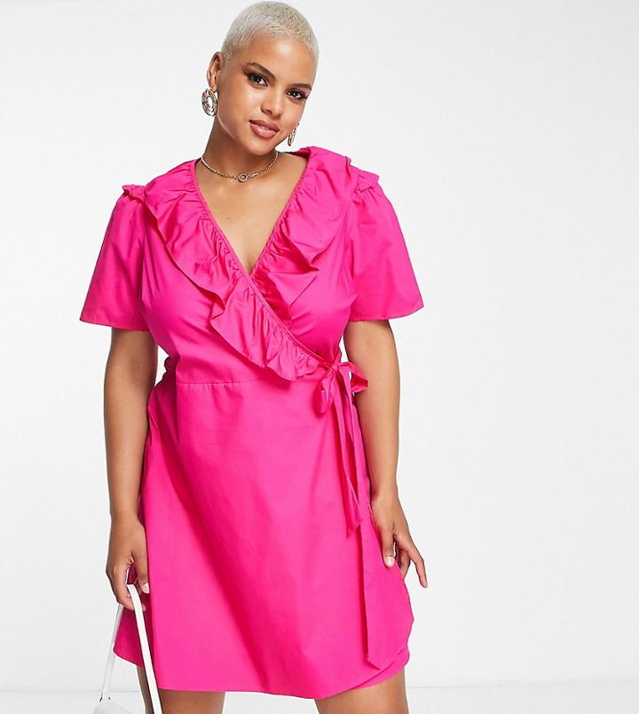 Pieces Curve Wrap Frill Mini Dress In Bright Pink