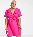 Pieces Curve Wrap Frill Mini Dress In Bright Pink