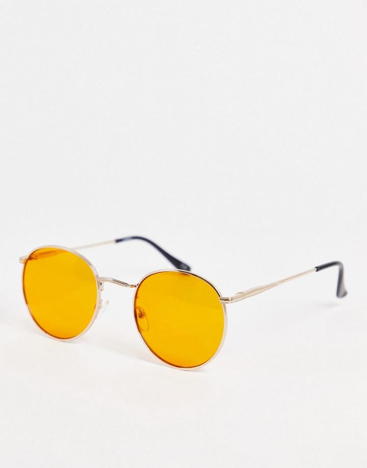 Asos Design Recycled Round Sunglasses In Gold Metal With Orange Lens