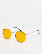 Asos Design Recycled Round Sunglasses In Gold Metal With Orange Lens