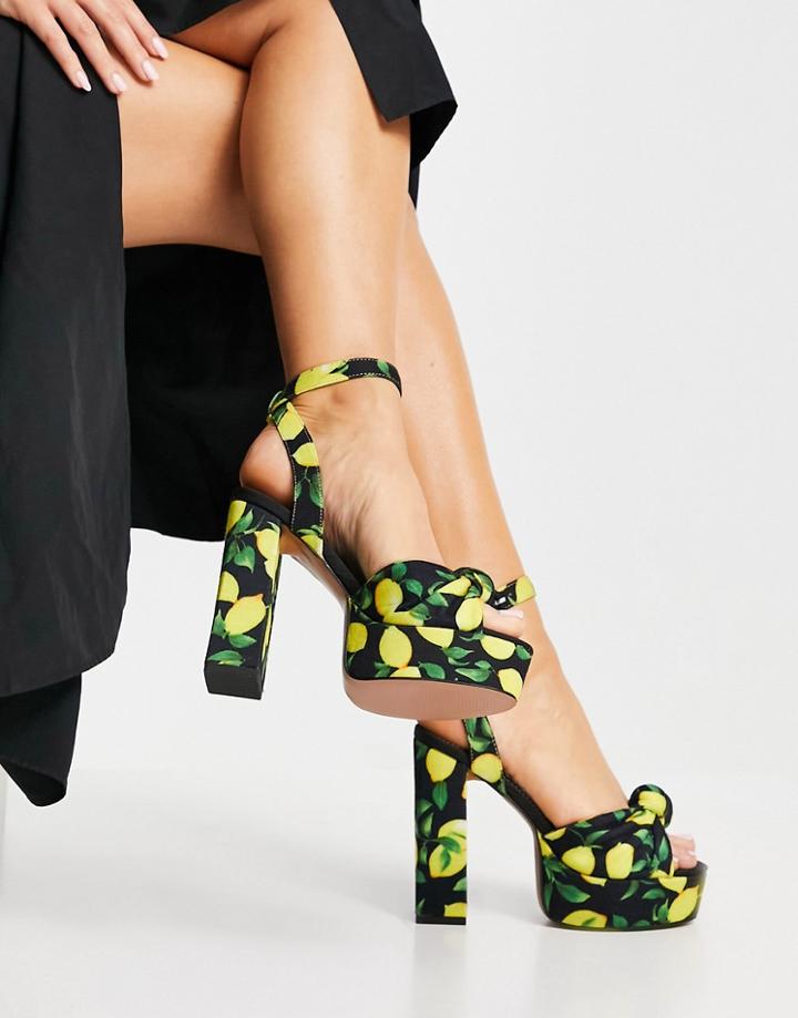 Asos Design Neptune Platform High Heeled Sandals In Lemon Print-multi